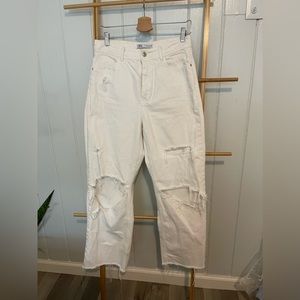 Distressed white straight leg pant